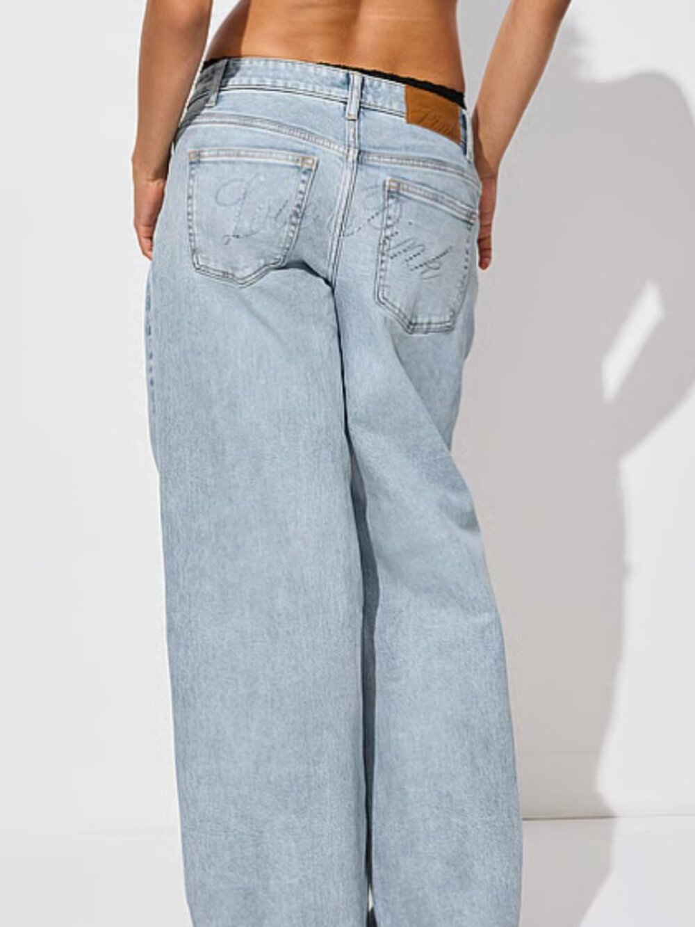 PINK Victoria's Secret Denim Mid-Rise Baggy Wide-Leg Jeans With Rhinestones NWT